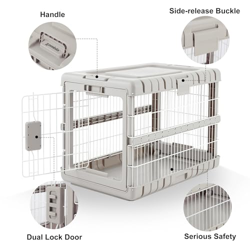 ZOMISIA Collapsible Dog Crate for Dogs - 28" L Heavy Duty Dog Kennel No Tools Required with 4 Sides Steel Foldable Cage for Dogs Indoor Furniture, Portable Carrier with 2 Smooth Wheels, Beige