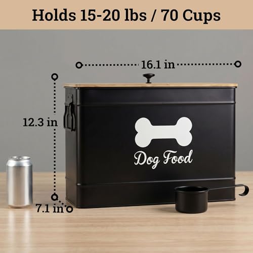 Dog Food Container Airtight 15-20 lb (70 Cup) Capacity with Metal Scoop - Cute Airtight Dog Food Storage Container with Bamboo Lid - Black Metal Kibble Storage Bin for Dogs up to 100 lbs - Big Pet Jar