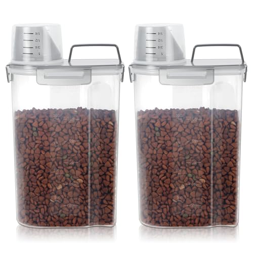 LEAWALK Airtight Small Cat Dog Pet Food Storage Containers BPA Free, with Large Pour Spout/1 Measuring Cup/ 4 Safety Locks and Double-layer Silicone Strip (Clear Grey x 2, 3L-2pack)