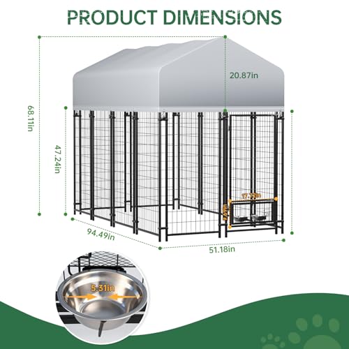 Outside Large Dog Kennel with roof, Heavy Duty Dog Enclosurewith Waterproof, 2 Rotating Dogs Bowls, Outdoor Dogs CageRun with Secure Lock (8x4x6 FT)