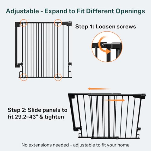 Cumbor 34" Extra Tall No Bottom Bar Baby Gate for Stairs, Hardware Mounted Dog Gate Indoor for Larger Pets, Expandable 29.2-43" Safety Gate for Doorways, Wide Walk Thru Door for Easy Access (Black)