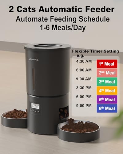 Automatic Cat Feeder 2 Cats, 4.2L Dry Food Auto Dispenser with Double Bowls,Dual Power Supply,Programmable Portion Control,10s Voice Recorder(Black,Stainless Steel Bowls) (Pure Black)