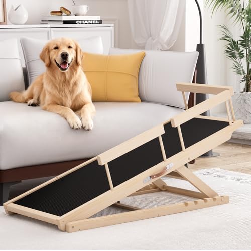 Chuiendi Dog Ramp for High Bed, Couch, Car, Pet Ramps 55.12" Long Adjustable 19.3"-27.17" Wooden Dog Step with Anti-slip Rubber Mat & Safety Side Rails for Small Medium Large Older Pets, up to 250 lbs