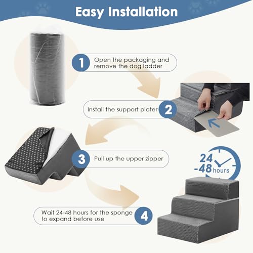 DUMOS Dog Stairs for Small and Medium Dogs, 3-Step Pet Steps with High-Density Foam, Indoor Non-Slip Pet Ramp for Puppy and Older Dogs Cats, Dog Bed Stairs for Couch and Sofa, Grey