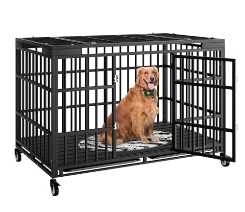 HMHTCT 54 Inch Heavy Duty Dog Crate with Wheels,Indestructible Escape-Proof Dog Kennel with Locking Latch and Double Door,Extra Large XL XXL Crate Indoor for Large and Medium Dog with Removable Tray