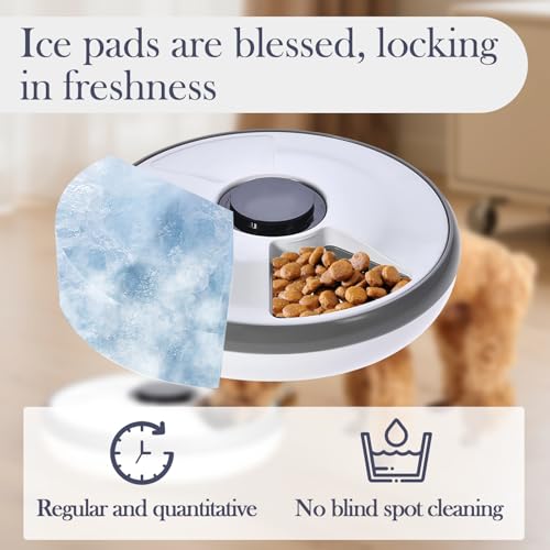 Primero Basics 6-Meal Timed Automatic Cat & Dog Feeder with Cooling Pack, Programmable Portion Control Pet Food Dispenser for Dry & Semi-Wet Food, 12.4″×12.4″×2.99″