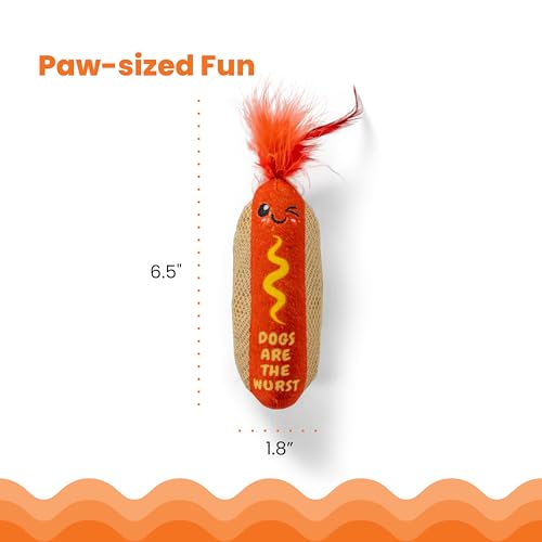 Catstages Hotdog Kicker Toy with Catnip and Dental Mesh, Hot Dog Shape, Plush and Feather Cat Toy for Kicking, Tossing, and Teeth Cleaning, Brown