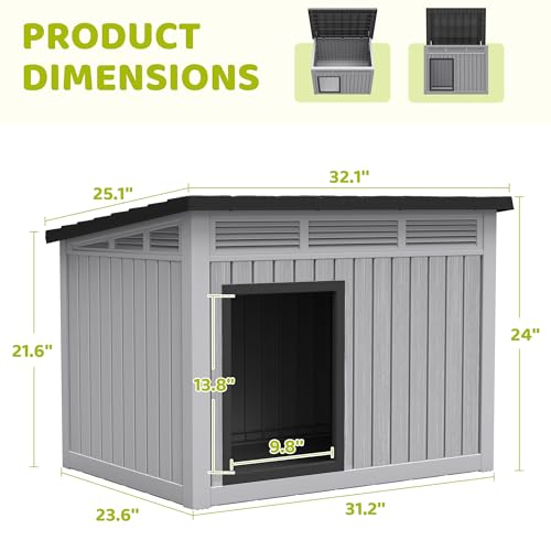 Bifanuo Outdoor Dog House Outdoor for Medium and Small Dog - Weatherproof Removable Roof, Easy to Assemble, Easy to Clean, Ideal for Medium Dogs (Standard Grey, 32.1" L × 25.1" W × 24" H)