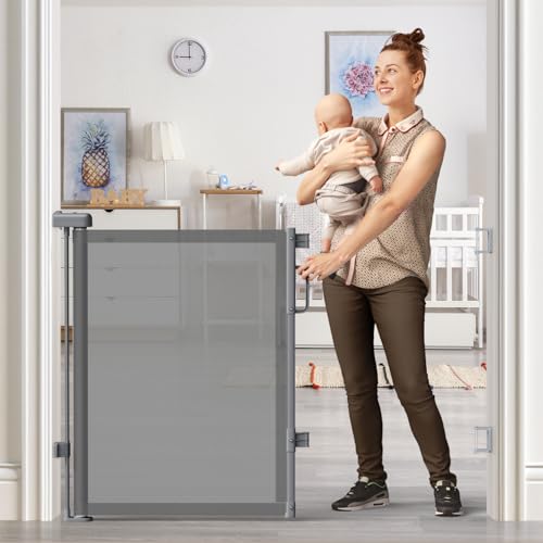 Cideny Retractable Baby Gate for Stairs & Doorways, Mesh Dog Gate Indoor Outdoor, Extends to 55" Wide 34" Tall Child Gate for Hallways, Deck, Porch, Pet Toddler Safety Essentials, Easy Install, Grey