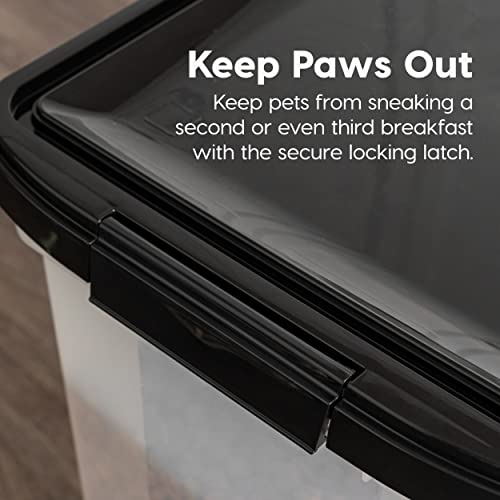 IRIS USA Airtight Dog Food Storage Container, WeatherPro, Up to 25 lbs, Removable Wheels, for Dog Cat Bird and Other Pet Food Storage Bin, Keep Fresh, Translucent Body, Made in USA, Clear/Black