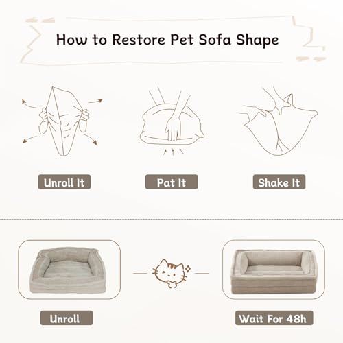 Laojin Balhen Cat Couch for Pets, Washable Cat Beds for Indoor Cats, Super Soft Plush Supportive Dog Couch Bed for Puppy and Kitten with Anti-Slip Bottom, 24inch, Beige