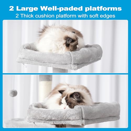 Hey-brother Large Multi-Level Cat Tree Condo Furniture with Sisal-Covered Scratching Posts, 2 Bigger Plush Condos, Perch Hammock for Kittens, Cats and Pets Light Gray MPJ020W