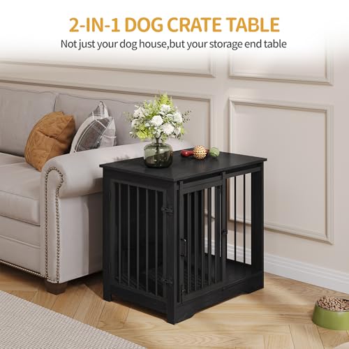 Hzuaneri 27.2" Dog Crate Furniture with Barn Door, Heavy Duty Dog Kennel Indoor with 2 Doors, Wooden Pet Cage End Table for Small Medium Dogs up to 22 lb, Anti-Chew Anti-Escape, Black DFC84304B