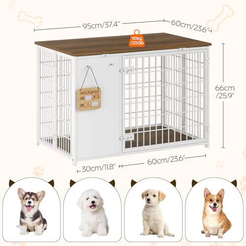YATINEY Foldable Dog Crate Furniture, Dog Crate with DIY Frame, Heavy Duty Dog Kennel Indoor with Hooks, Wooden Dog Cage End Table, for Small/Medium Dogs, White and Walnut DC95WH