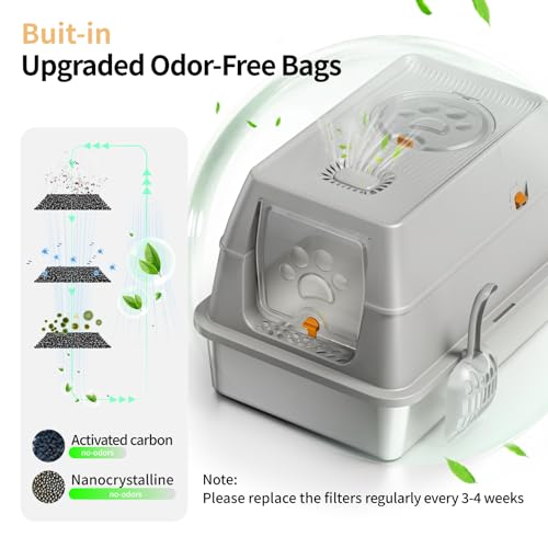 Eosarcu Stainless Steel Cat Litter Box with Lid, XL Large Enclosed High Sided Litter Box with Removable Lid, Carbon Filters -Odor Free, Easy Cleaning, Anti-Urine Leakage for Big Cats/Multiples-Grey