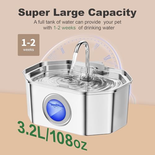 Cat Water Fountain Stainless Steel 108oz/3.2L, APAUK Automatic Pet Fountain Dog Water Dispenser with Water Level Window, Quiet Cat Fountain for Drinking, Inside with Replacement(1 Filter&1 Sponge)