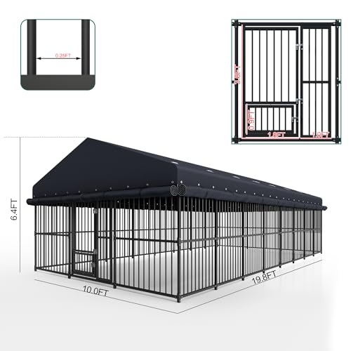 10x20x6 FT Dog Kennel, Outdoor Dog Enclosure with Roof for Large Dogs, Heavy Duty Metal Outside Dog Fence with Triple Safety Locks Secure Dog Cage