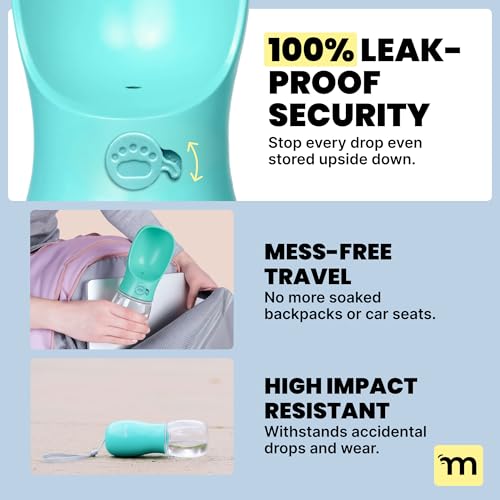 MalsiPree Dog Water Bottle Dispenser - 12 oz Blue - Leak-Proof Lock & One-Hand Operation - Dog Water Bowl Dispenser - Pet Travel Bottle with Built-in Bowl for Trail Hiking, Park Visit & Beach Days