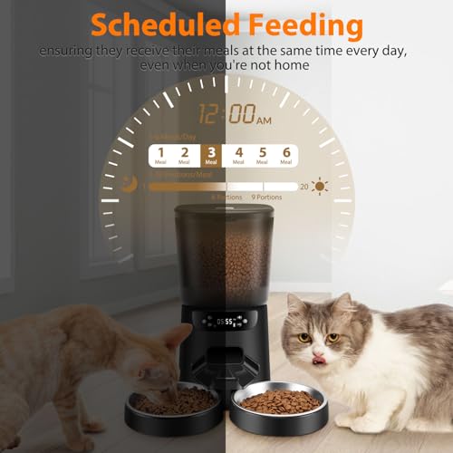 Automatic Cat Feeders for Two Cats, 5L/20 Cups Double Automatic Cat Food Dispenser with 2 Stainless Bowls, Timer Setting 20 Portions 6 Meals Per Day, 10s Meal Call (Black)