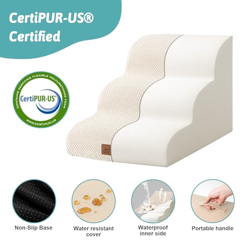 COZY KISS Dog Stairs for Small Dogs 15.7" H, Curved Dog Step for Puppy, Older Cat, Medium Pet Ramp for Sofa, Couch or Chair, Ladder with High Density Foam, 3 Step, 15.7x22.4x15.7 inch, Beige