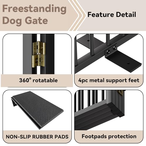 SNUOWU Full Metal Freestanding Dog Gate with Door, 32''Height Foldable Pet Dog Fence for Indoor & Outdoor, 4 Panels Extra Wide Free Standing TallDog Gates for Doorways,House,Stairs,Porch,Deck,Yard