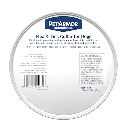 PetArmor Extend Large Dog Flea and Tick Treatment & Prevention, Collar for Large Dogs Above 18 lbs., 8 Months of Protection, Odorless & Non-Greasy, Waterproof, Kills Fleas, Ticks, and Larvae, 1 Count