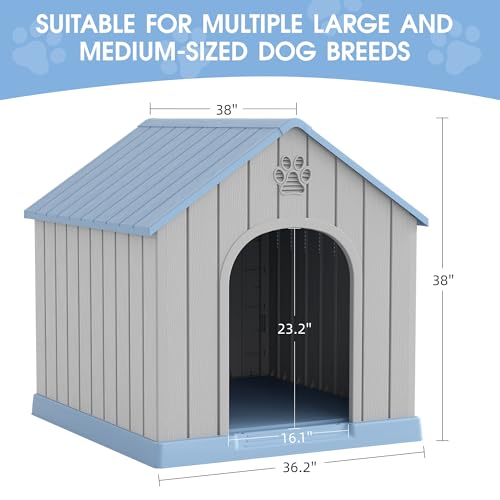 Fancyango Large Dog House Outdoor Indoor for Medium Large Dogs, Sturdy Plastic Waterproof Doghouse with Air Vents and Elevated Floor, Easy Clean and Assemble (Light Blue, 36.2''L×38''W×38''H)