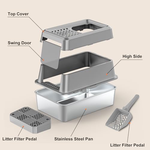 URPOWER Stainless Steel Cat Litter Box with Lid Extra Large Enclosed Litter Box Non-Sticky Metal Pan with High Sided & Scoop, Odor Free, Front & Top Entry, Anti-Leakage, Easy Cleaning