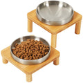 DoogCat Elevated Cat Bowls for Indoor Cats – Raised Bamboo Cat Bowl Stand with 5.5 Inch Wide Stainless Steel Dishes, Pet Food Table Plate for Easy Feeding, Whisker Friendly(Silver,Set of 2)
