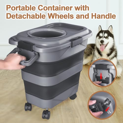Dog Food Storage Container，10-25 lbs Airtight Collapsible Cat Food Storage Container with Attachable Wheels, Portable Handle, Dog Food Scoop for Dog Cat Bird Pet Dry Food Storage Bin Dark Grey