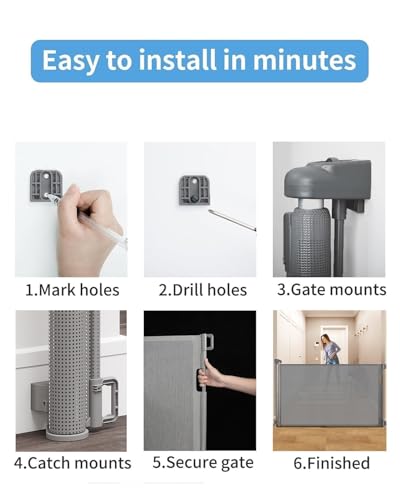 Retractable Baby Gate for Stairs – 33” Height, Expands up to 55” Width – Safety Gate for Infants, Toddlers, Dogs & Pets – Easy Install, Secure Closure, Gray Mesh Design for Indoor & Outdoor Use