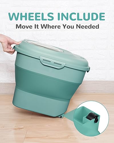 DDMOMMY 30-35 Lbs Dog Food Storage Container Collapsible Dog Food Container with Airtight Lids, Wheels, Scoop and 2pcs Food Storage Containers, Large Pet food storage for Dog, Cat (Green)