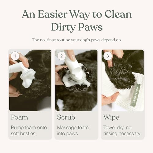 Dandylion Dog Paw Cleaner, Clean Paws, Dog Paw Washer, No Rinse Foam Cleaner for Dogs, Fragrance Free pH Balanced Foaming Washer with Silicone Brush, Pet Cleaning Supplies, 5 fl oz