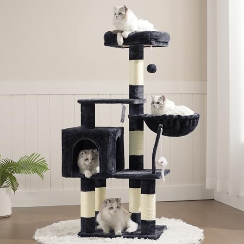 Heybly Cat Tree with Toy, Cat Tower condo for Indoor Cats, Cat House with Padded Plush Perch, Cozy Hammock and Sisal Scratching Posts, Smoky Gray HCT004SG