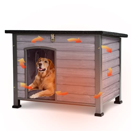 GUTINNEEN Large Outdoor Insulated Dog House Indestructible Dog Shelter Weatherproof Dog Kennel with Chew-Proof Metal Frame, Openable Roof for Small to Large Dog Breeds (Grey, 33.5"L x 22"W x 25.2"H)