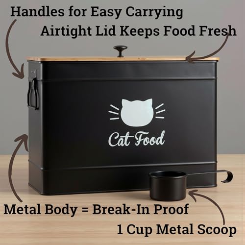 Cat Food Storage Container with Scoop - 15 lb (50 Cup) Capacity Metal Cat Food Container with Airtight Bamboo Lid & Metal Scoop - Airtight Pet Food Storage Containers - 15 lb Treats & Kibble Container