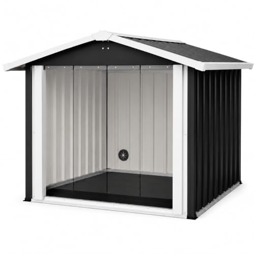 Mulinsonfly 40 Inch Heavy Duty Metal Dog House for Medium and Large Dogs, Outdoor Dog Shelter with Raised Floor, PVC Curtain, Vent and Sloped Roof, Weather Resistant for Backyard Patio