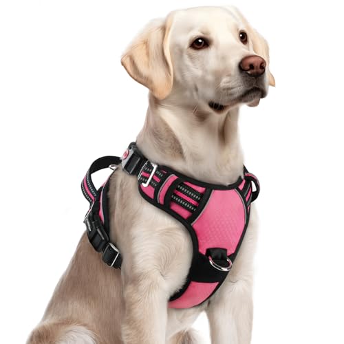 rabbitgoo Dog Harness for Large Dogs, 3 Buckles Easy On & Off No Pull Pet Vest, Soft Padded Walking Pet Harness with Control Handle, Adjustable and Reflective, Pink, L