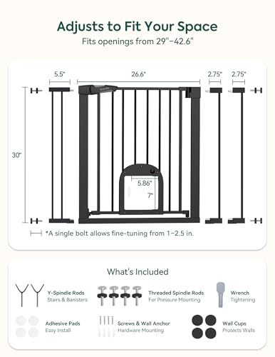 Babelio Upgraded Baby Gate with Cat Door, 29-43" Auto Close Durable Dog Gate for Stairs, Doorways and House, Easy Walk Thru Safety Gate with Pet Door Includes 4 Wall Cups, Black