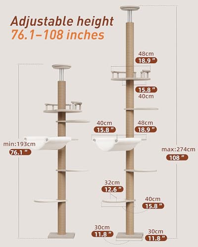 KinoTail Floor to Ceiling Cat Tree for Large Cats, 76-108in Height Adjustable 5-Tier Wood Cat Tower, Cats Activity Center with Plush Hammock & Jute Rope Scratching Posts for Indoor Cats
