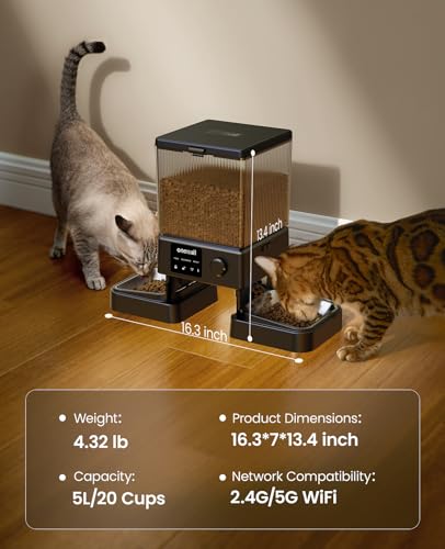 oneisall Automatic Cat Feeder with 5G WiFi, Automatic Cat Food Dispenser for 2 Cats Small Pets, 20 Cups/5L Timed Dry Food Dispenser with App Control