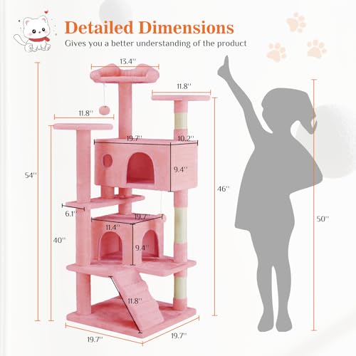 Sweetcrispy 54 Inch Cats Tree Tower, Multi-Level with Cat Scratching Post, Indoor Cat Condo with Climbing Ladder, Plush Toy, Play House for Cats, Pink