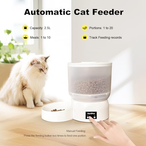 Darlipet Automatic Cat Feeder with 270-Day Battery Life, Rechargeable Auto Cat Feeder with Slow Feed Mode & Very Quiet Dispensing, 2.5L Bluetooth Small cat Food Dispenser for Cats & Small Dogs