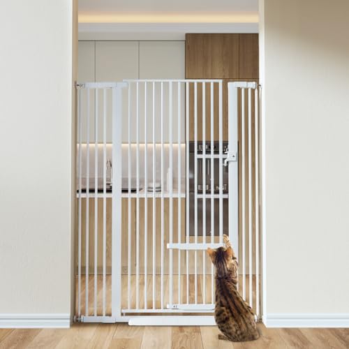 COMOMY 55.1" Extra Tall Pet Gate for Cats, Extra Wide Cat Gate with Adjustable Cat Door, Pressure Mounted Easy Walk Through Pet Gate with Door for Stairs, Doorways, Kitchen(White, 29.5-40.6")