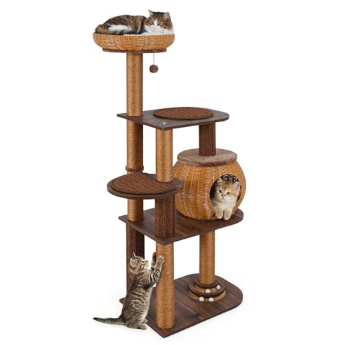 PETSITE 59.5-inch Tall PE Rattan Cat Tree, Multi-Level Modern Wooden Cat Tower with Sisal Scratching Posts, Ball Track Toy, Comfy Condo with Removable Soft Pads, and Hanging Ball, Ideal for Indoor Cat