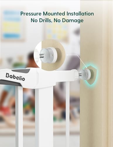 Babelio Baby Gate with Adjustable Cat Door,29-43" Auto Close Durable Pet Door for Stairs,Doorways and House,Pressure Mounted,Easy Install,Effortless Walk Thru,White