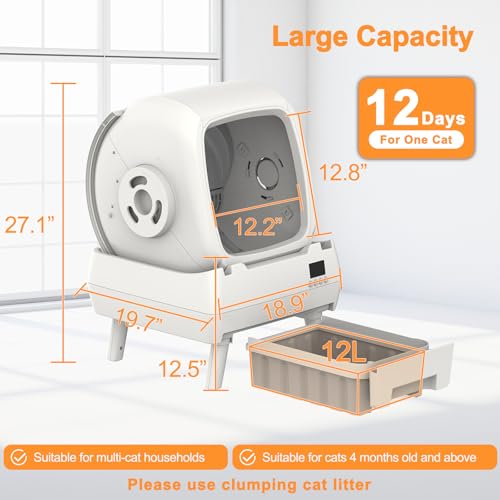 FRCFRC Automatic Cat Litter Box Self Cleaning - App Control, Cat Toilet Records, Suitable for Big Cats, Medium Cats, Kittens and Multi-Cat Families, Anti-Pinch, Low Noise【Assembly Required】- White