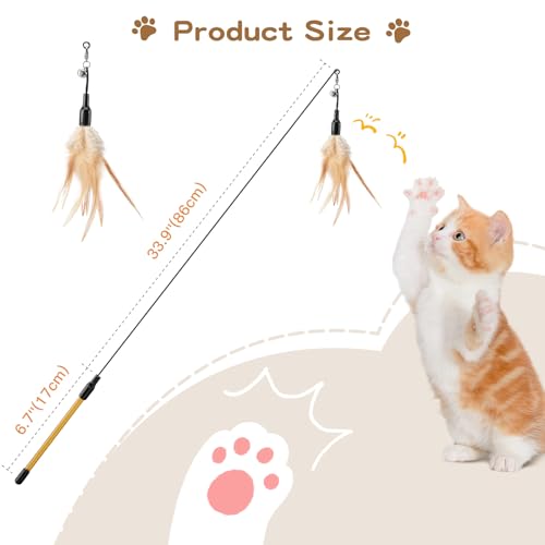 Pawaboo Feather Teaser Cat Toy - Interactive Wand with Extra Long 34.5" Wand and Small Bell, Fun Exerciser Playing Toy for Kittens or Cats, Brown Feather