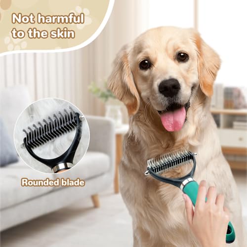 Pet Grooming Brush, 2026 New Multifunctional Double-Sided Undercoat Rake for dogs, Durable Dematting Tool for long haired cats, Easy Grip Fur Remover Comb for home use (Green)