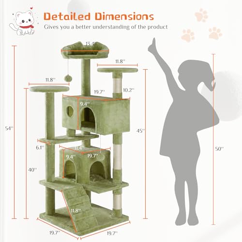 Sweetcrispy 54 Inch Cats Tree Tower, Multi-Level with Cat Scratching Post, Indoor Cat Condo with Climbing Ladder, Plush Toy, Play House for Cats, Green